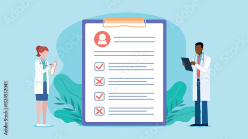 Doctors standing by medical checklist. Checklist for good and bad results. Doctors hold notebook and tablet in hands. Vector graphics in flat style.