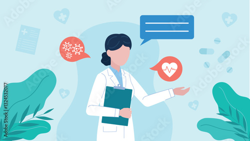 Wallpaper Mural Doctor giving a presentation. The character has a speech bubble and a heart and virus icon. Flat style illustration. Torontodigital.ca
