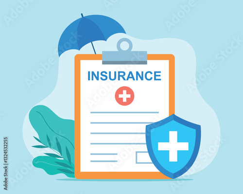 Medical insurance contract graphic. A protective umbrella is above the document, and a shield icon appears in front of it. Vector illustration in flat style.