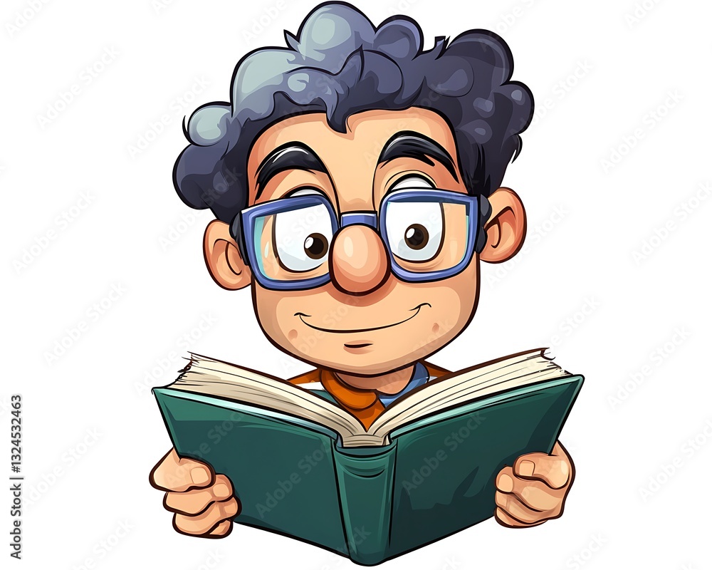 Cartoon man reads book, white background, education Cartoon man reads book, white background, education