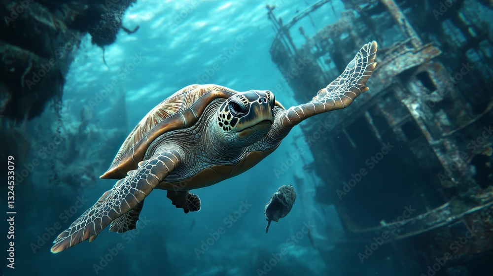 Fototapeta premium A sea turtle swimming gracefully near a shipwreck.