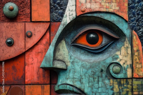 Unique Sculptural Face with Vibrant Colors and Textural Detail, Abstract Art Mask with Red Eye