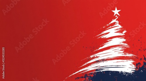 vibrant red backdrop highlights a creatively painted white Christmas tree, featuring a star at the peak, setting a joyful holiday mood suitable for various celebrations