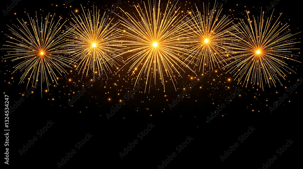 Naklejka premium Golden Fireworks Bursting on Black Background