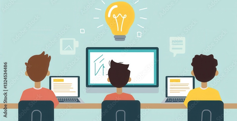 Three people working on laptops with ideas and collaboration symbols Three people working on laptops with ideas and collaboration symbols