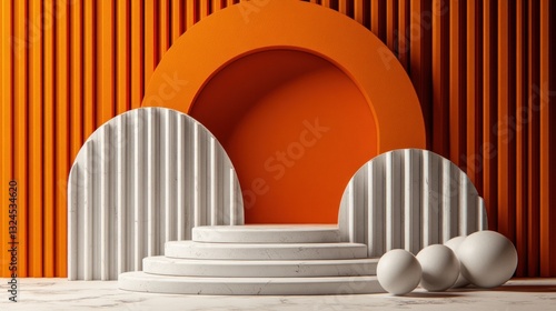 Geometric shapes in white and orange create a striking backdrop in a contemporary design studio. circular and curved elements present a playful and vibrant atmosphere