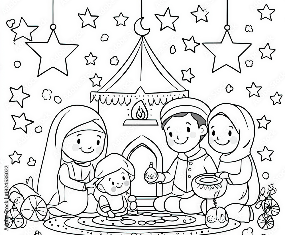 A family decorating their home with Ramadan decorations, coloring page for kids, simple outline illustration. Coloring book. A family decorating their home with Ramadan decorations, coloring page for kids, simple outline illustration. Coloring book.