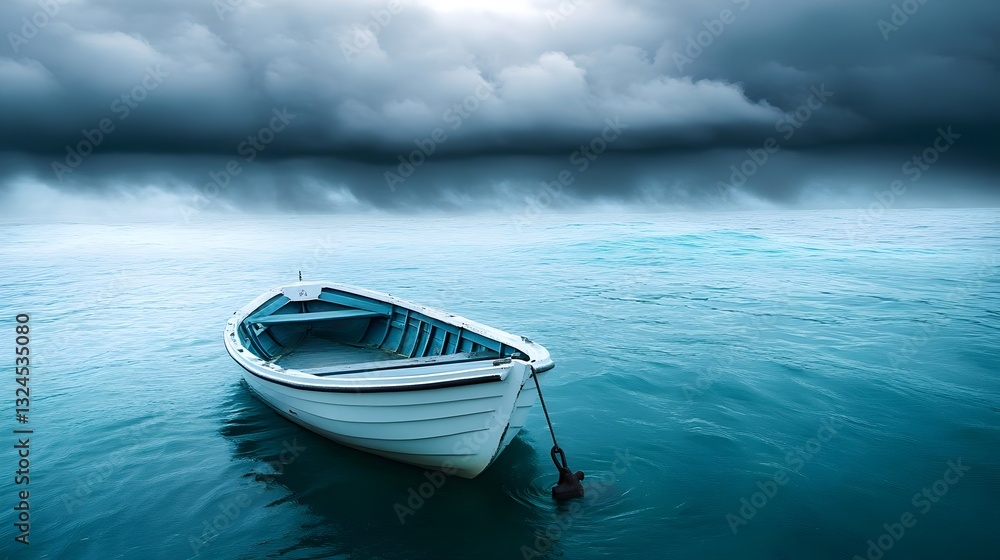 Naklejka premium A stormy ocean with a calm depth, where an anchor secures a boat amidst the Concept for: Resilience, Stability in chaos, Inner strength, Overcoming adversity, Perseverance, Finding peace in struggles