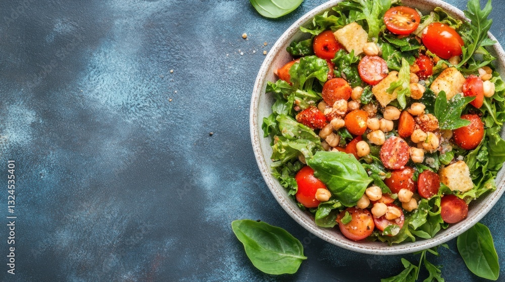colorful bowl of fresh salad containing cherry tomatoes, chickpeas, and assorted greens is displayed against a textured blue background, showcasing a healthy and vibrant meal option colorful bowl of fresh salad containing cherry tomatoes, chickpeas, and assorted greens is displayed against a textured blue background, showcasing a healthy and vibrant meal option