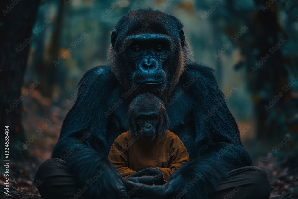 Gorilla Embracing a Young Ape in Forest Setting, Symbolizing Protection and Family Bonds Gorilla Embracing a Young Ape in Forest Setting, Symbolizing Protection and Family Bonds