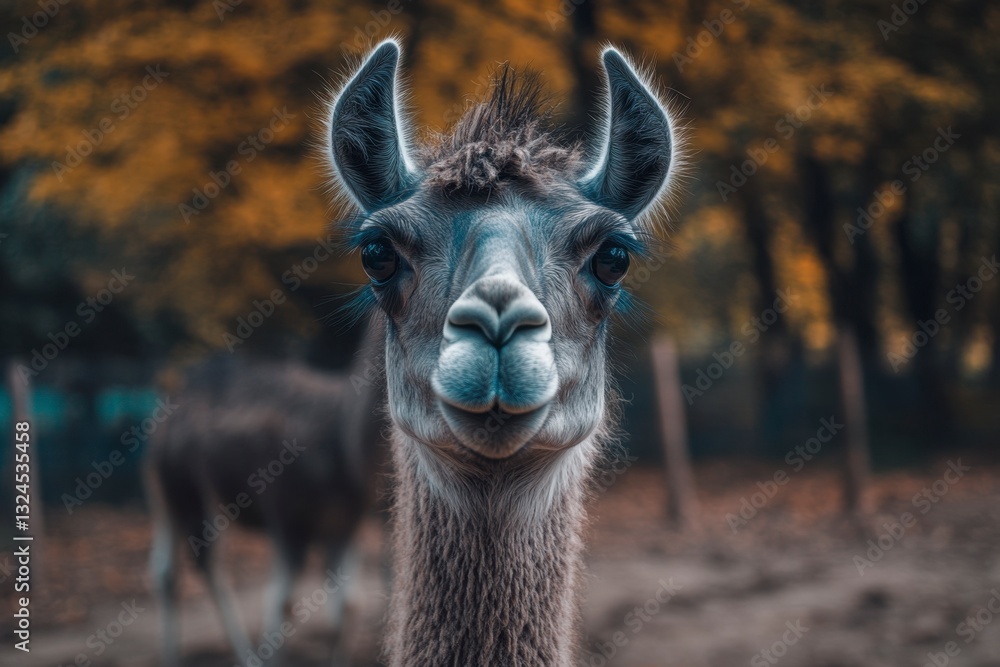 Obraz premium Curious Llama Stares Intently in Autumn Field with Companion Out of Focus