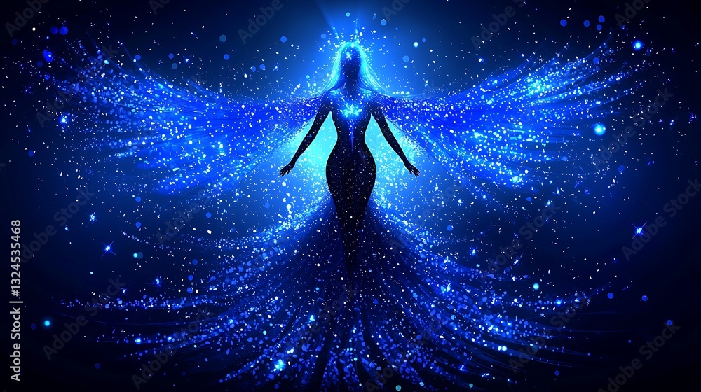 Celestial figure with luminous wings, cosmic background Celestial figure with luminous wings, cosmic background