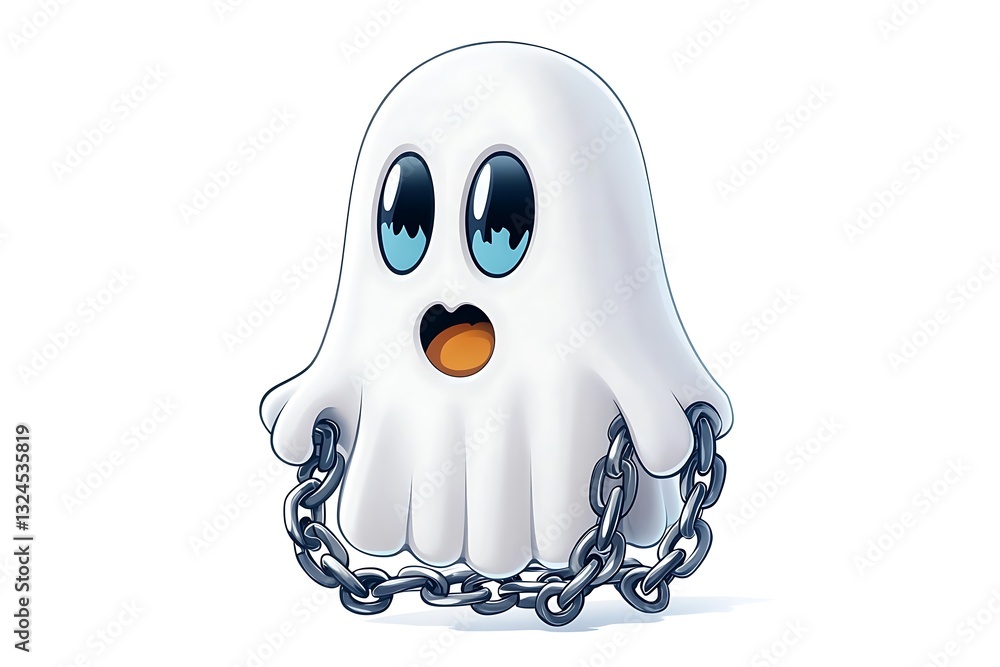 Chained cute ghost illustration, white background Chained cute ghost illustration, white background