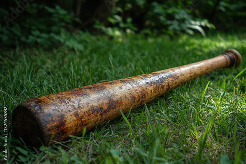 A rounders bat lying on a g...