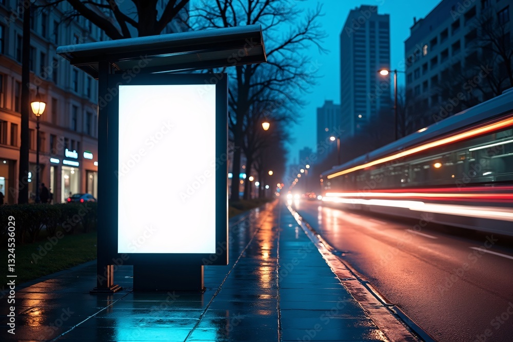 Blank white digital billboard mockup at a modern city bus stop at night, illuminated for street advertising with motion blur of passing traffic Blank white digital billboard mockup at a modern city bus stop at night, illuminated for street advertising with motion blur of passing traffic