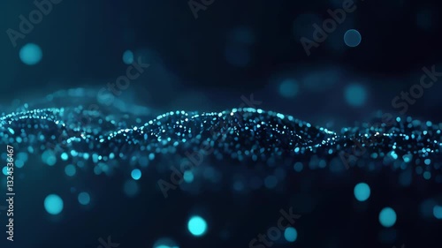 Digital molecular structure with glowing blue dots forming an interconnected mesh network on a dark background. Concept of: technology, science, connectivity, data, artificial intelligence, innovation