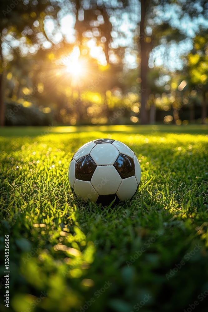 Fototapeta premium Soccer ball on grass lawn. Outdoor activity.