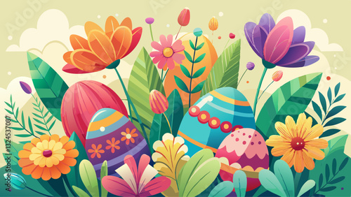 Creative layout made with colorful flowers and Easter eggs. Minimal nature background. Spring holidays concept.