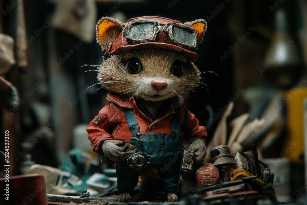 Detailed Illustration of a Mouse Mechanic Wearing Goggles and Overalls Amidst Tools Detailed Illustration of a Mouse Mechanic Wearing Goggles and Overalls Amidst Tools