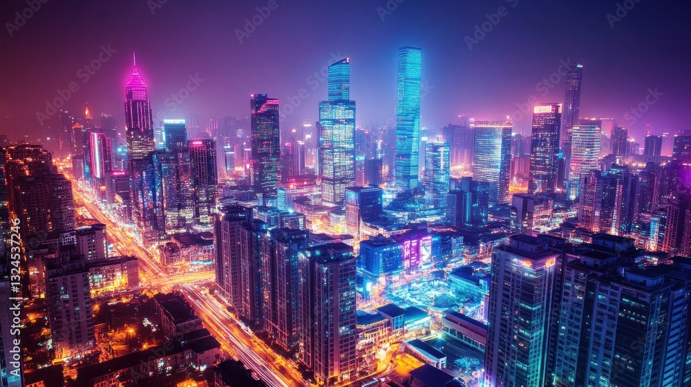 Obraz premium Vibrant cityscape at night, illuminated skyscrapers and streets.