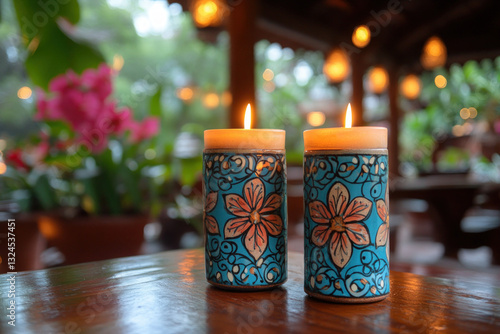 Garden candles lit on a pat...