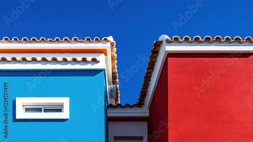 Two adjacent houses showcase bright blue and red facades under a clear blue sky. unique architectural style highlights the cheerful atmosphere of the neighborhood on a sunny day