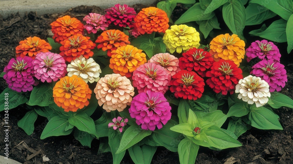 Obraz premium Vibrant multicolored zinnias blooming in garden bed.