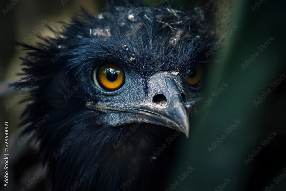 Fototapeta premium Close-up of a striking emu, showcasing its intricate feathers, piercing golden eyes, and distinctive beak in a natural setting.