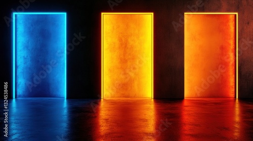 Three vibrant doors illuminated in blue, orange, and yellow stand against a textured dark wall, inviting curiosity and contemplation in a mysterious setting
