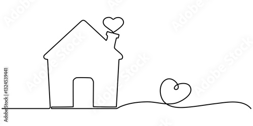Home Sweet Home Continuous Line Icon, Love for home symbol in continuous line drawing style. Line art of heart with house. Vector illustration. Abstract background, Heart inside house continuous one. 