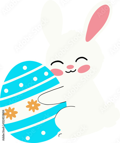 Cute cartoon bunny joyfully hugging a decorated Easter egg.