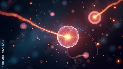 Bright glowing orange-red neurons with radiating particles and rays on a deep dark background, dynamic effect. Concept of: intelligence, neuroscience, brain activity, thought process, cognition, energ