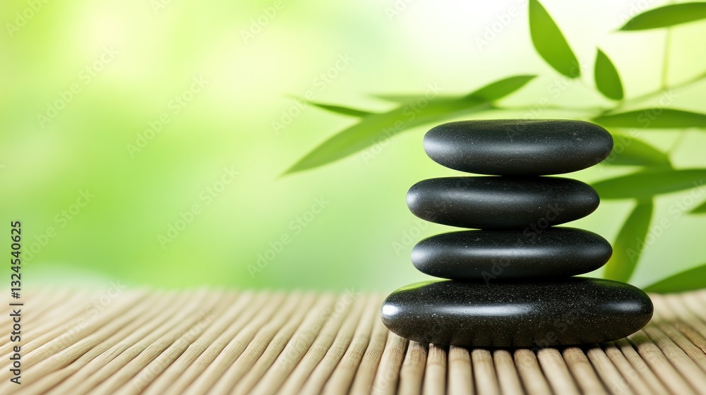 Stacked stones, zen garden, bamboo mat, out of focus green leaves Stacked stones, zen garden, bamboo mat, out of focus green leaves