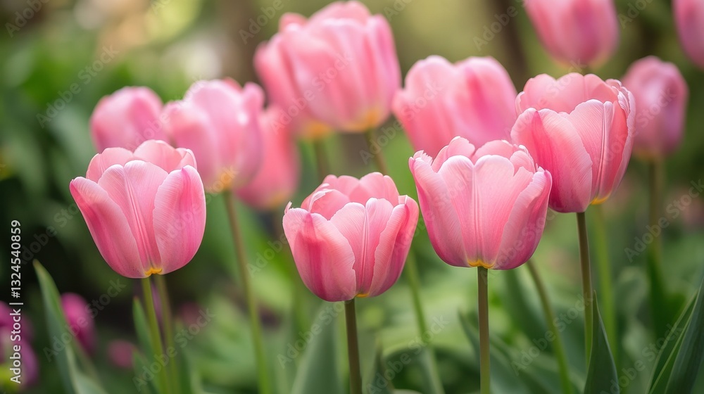 Stunning close up image of beautiful pink tulip flowers in full bloom amidst a verdant garden setting showcasing the delicate petals vibrant color Stunning close up image of beautiful pink tulip flowers in full bloom amidst a verdant garden setting showcasing the delicate petals vibrant color