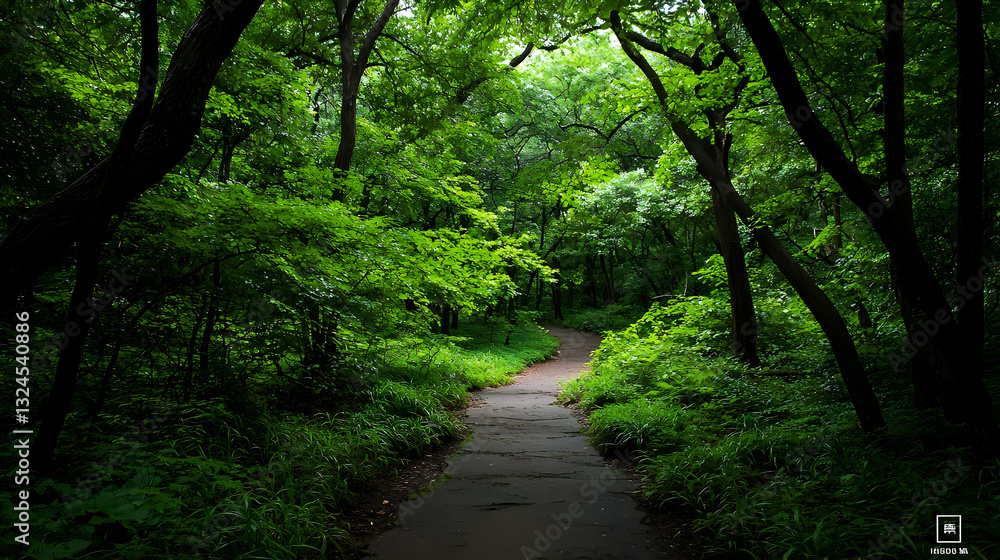 Winding Stone Path Through Dense Green Forest With Sunlight Filtering Through Canopy Winding Stone Path Through Dense Green Forest With Sunlight Filtering Through Canopy