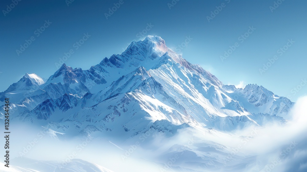 Majestic snow-capped mountain peak piercing the sky, bathed in soft sunlight, rising above a blanket of clouds. Majestic snow-capped mountain peak piercing the sky, bathed in soft sunlight, rising above a blanket of clouds.