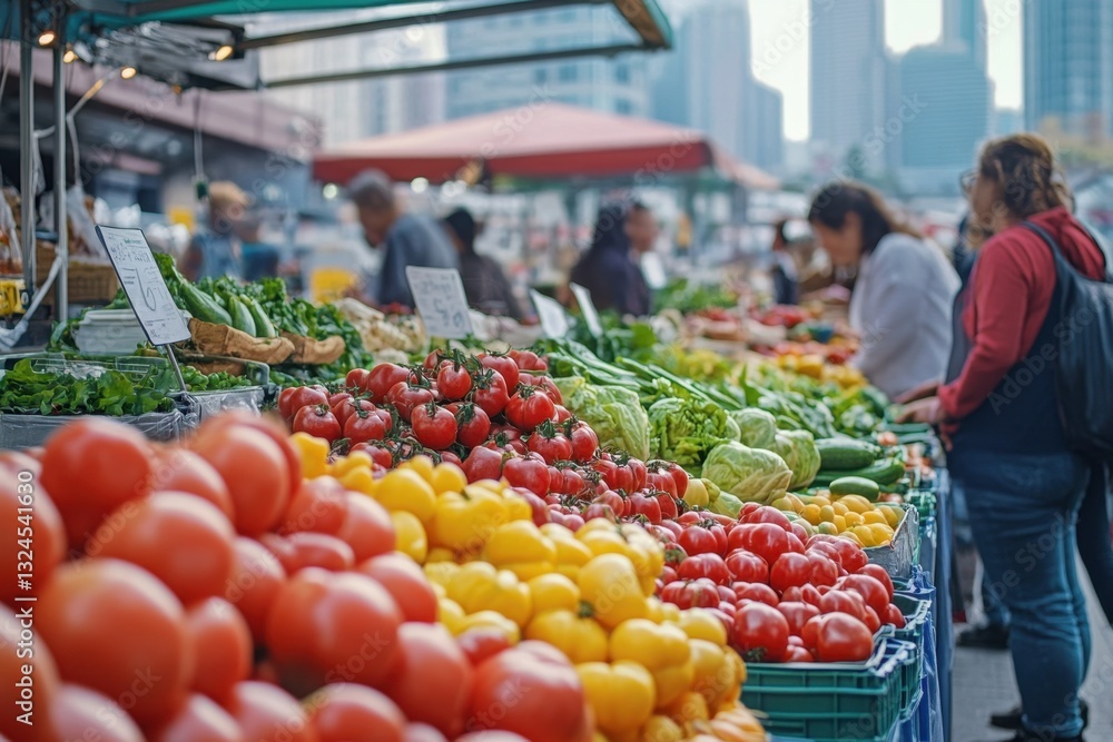 Customers choosing fresh produce at farmers market in urban setting