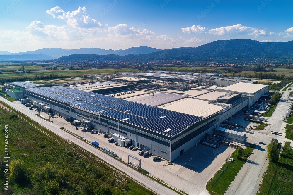 Modern factory utilizing solar panels on roof for sustainable energy production