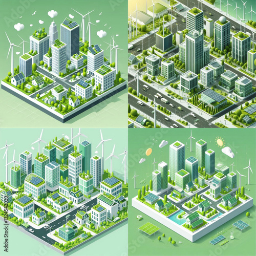 Isometric illustration of a sustainable urban city with greenery and renewable energy features