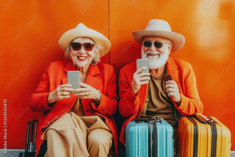 Smiling senior tourists couple using smartphones while waiting at the airport