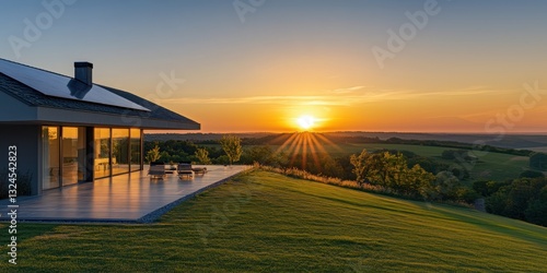 Modern sustainable house with solar panels enjoying a scenic sunset over rolling hills