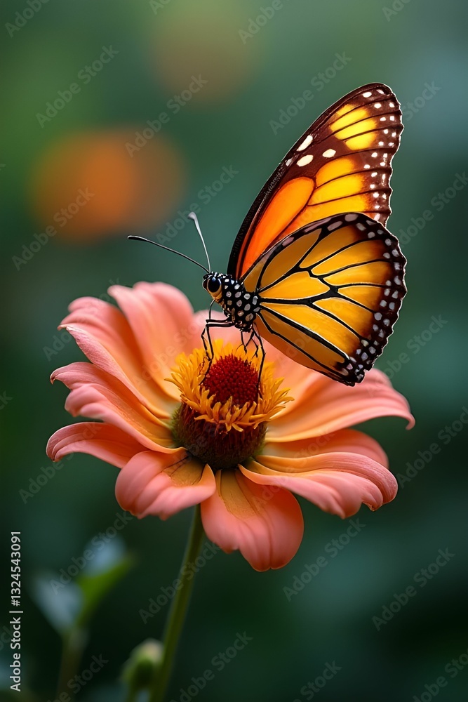 Monarch butterfly with vibrant orange wings, adorned with black and white markings. Beautiful insect concept. Animal background Monarch butterfly with vibrant orange wings, adorned with black and white markings. Beautiful insect concept. Animal background