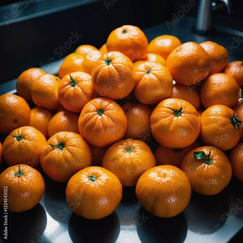 A vibrant collection of fresh oranges rests atop a shiny countertop, their bright coloration and textured skin inviting a sense of freshness. Light reflection enhances their natural appeal  photo