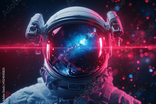 A close-up of an astronaut helmet reflecting the Milky Way, with intricate details of the helmet visor and gear