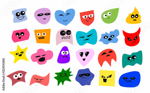 Funny shapes abstract faces in unique shapes with playful expressions. Perfect for stickers, patterns, kids' illustrations