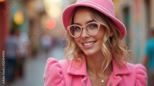 Happy young woman smiling in pink outfit on city street