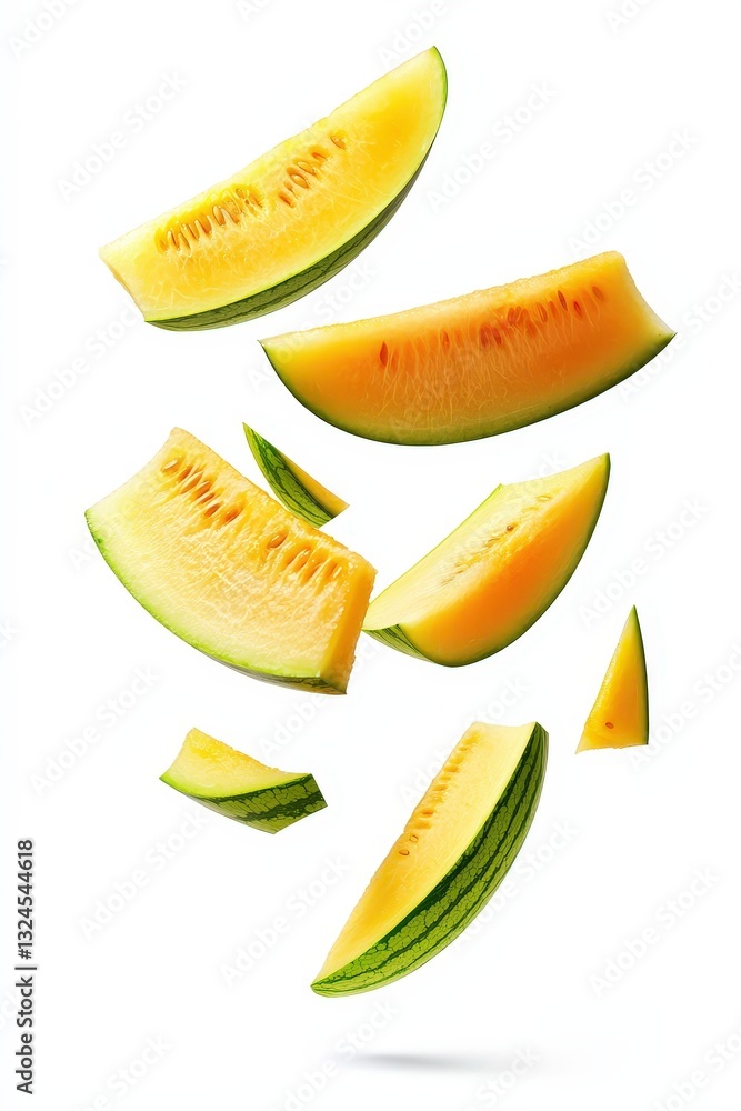 Falling identical melon slices floating in the air isolated on white background Falling identical melon slices floating in the air isolated on white background