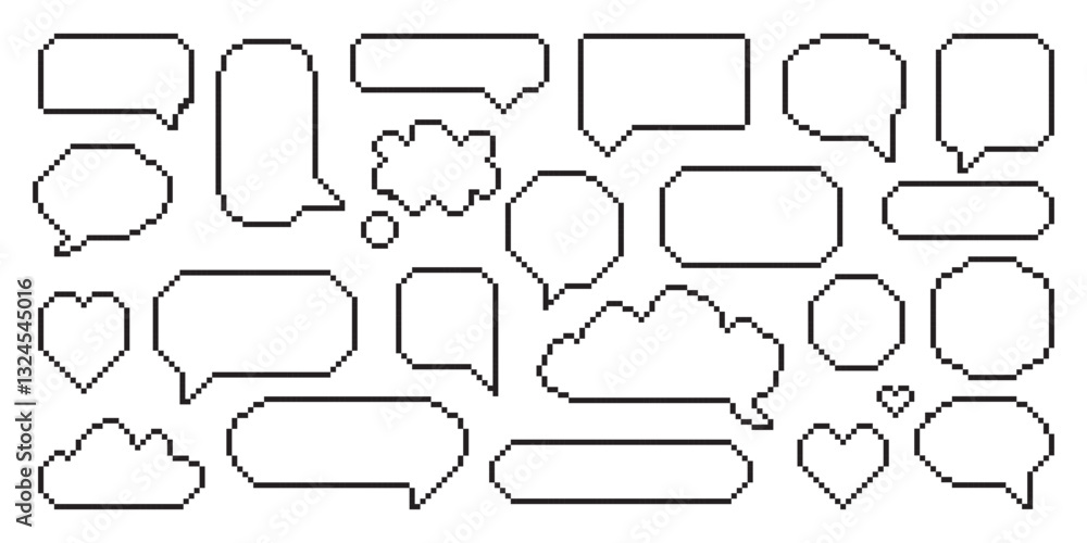 Obraz premium Pixel art speech bubbles set. Collection of pixel elements. Comic chat pixel elements. 8-bit style illustration. 