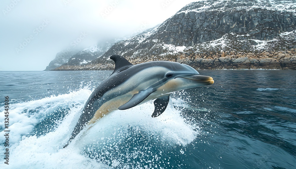 Fototapeta premium Dolphin leaping for Arctic coast, winter.