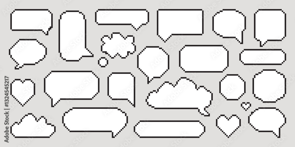 Fototapeta premium Pixel art speech bubbles set. Collection of pixel elements. Comic chat pixel elements. 8-bit style illustration. 